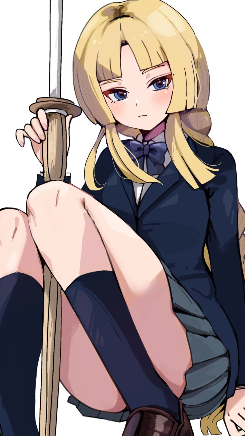 1girl, black_jacket, blonde_hair, inazuma_eleven_(series), jacket, kodachi_saya, looking_at_viewer, mirina1219, school_swimsuit, school_uniform, simple_background, skirt, solo, swimsuit, twitter, white_background, white_hair