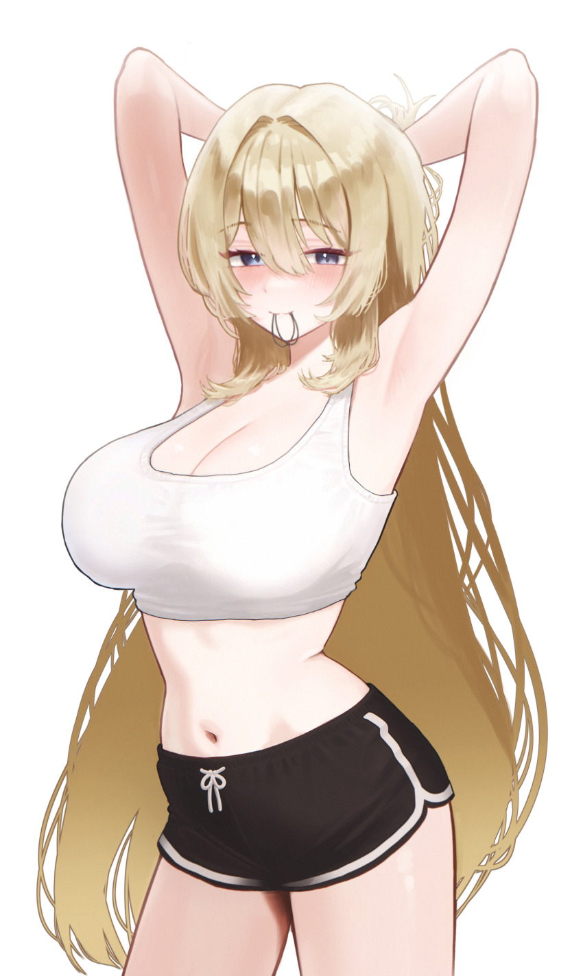 1girl, absurdres, armpits, arms_behind_head, arms_up, bare_arms, bare_shoulders, black_shorts, blonde_hair, blue_eyes, breasts, cleavage, closed_mouth, commission, cowboy_shot, crop_top, dolphin_shorts, drawstring, hair_tie_in_mouth, half_updo, highres, jay_(arca_live), large_breasts, long_hair, looking_at_viewer, midriff, mouth_hold, navel, original, shirt, short_shorts, shorts, simple_background, sleeveless, sleeveless_shirt, smile, solo, standing, stomach, tank_top, thighs, very_long_hair, white_background, white_shirt