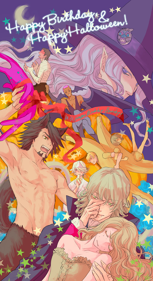 10s, 2girls, 6+boys, antonio_lopez, banana, banana_costume, barnaby_brooks_jr., birthday, cape, everyone, food, fruit, ghost, halloween, happy_birthday, happy_halloween, hat, head_wings, huang_pao-lin, ivan_karelin, kaburagi_t._kotetsu, karina_lyle, keith_goodman, kouzuki, lunatic_(tiger_&amp;_bunny), multiple_boys, multiple_girls, mummy, nathan_seymour, tiger_&amp;_bunny, top_hat, triangular_headpiece, vampire, werewolf, wings, yuri_petrov