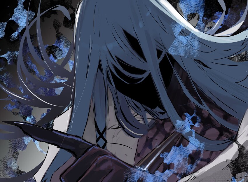 1boy, azrael_(grand_assassin)_(fate), blue_hair, colored_skin, commentary_request, dark-skinned_male, dark_skin, faceless