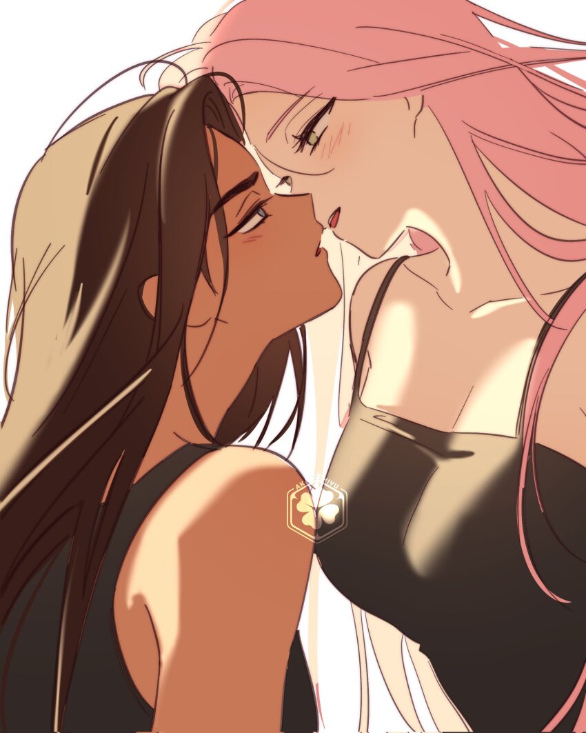 2girls, akanichiyu, alien_stage, black_dress, black_tank_top, blush, breasts, brown_hair, cleavage, collarbone, commentary, dress, eye_contact, grey_eyes, hashtag-only_commentary, highres, hyuna_(alien_stage), imminent_kiss, large_breasts, long_hair, looking_at_another, mizi_(alien_stage), multiple_girls, parted_lips, pink_hair, simple_background, tank_top, upper_body, white_background, yuri
