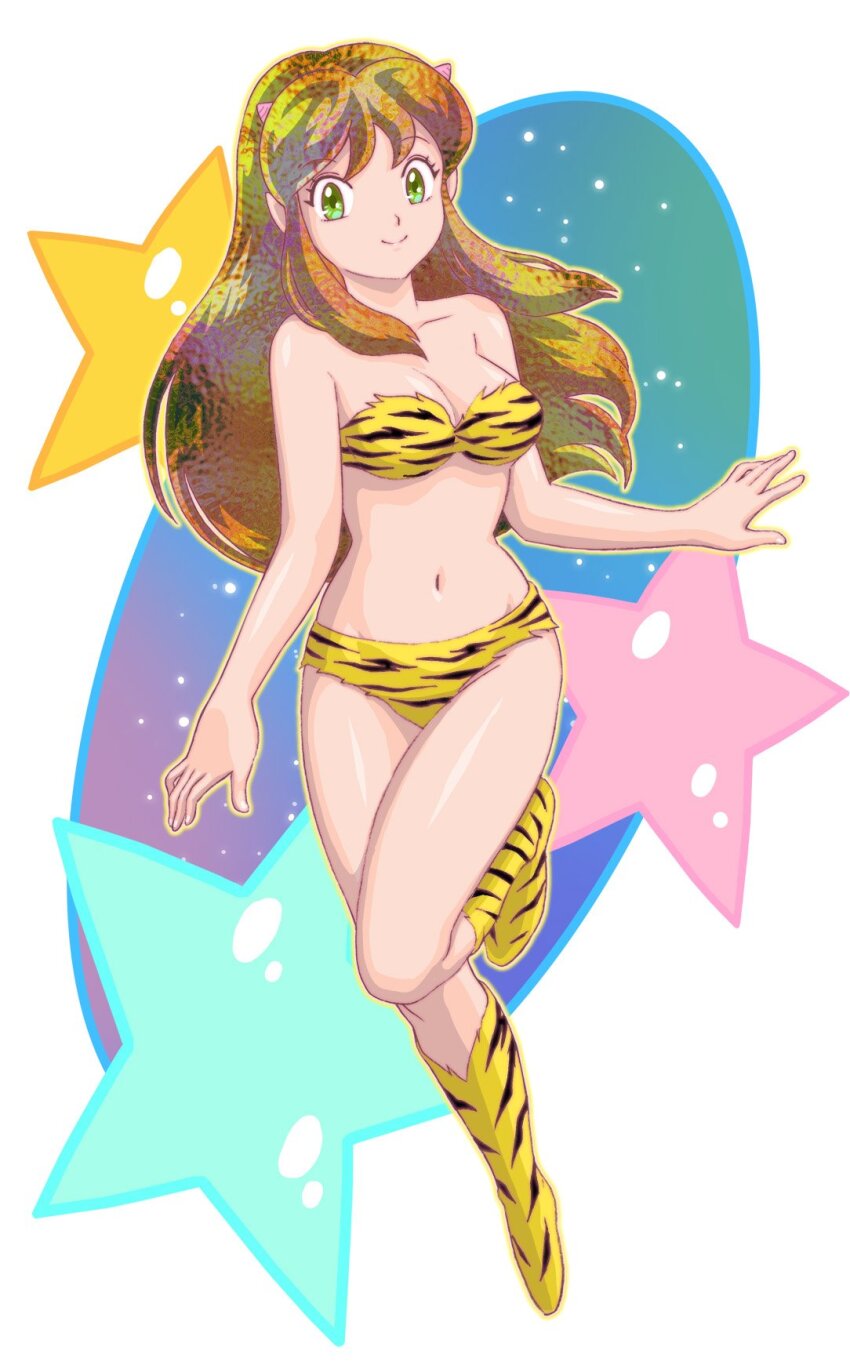 1girl, animal_print, bare_arms, bare_shoulders, bikini, blonde_hair, breasts, cleavage