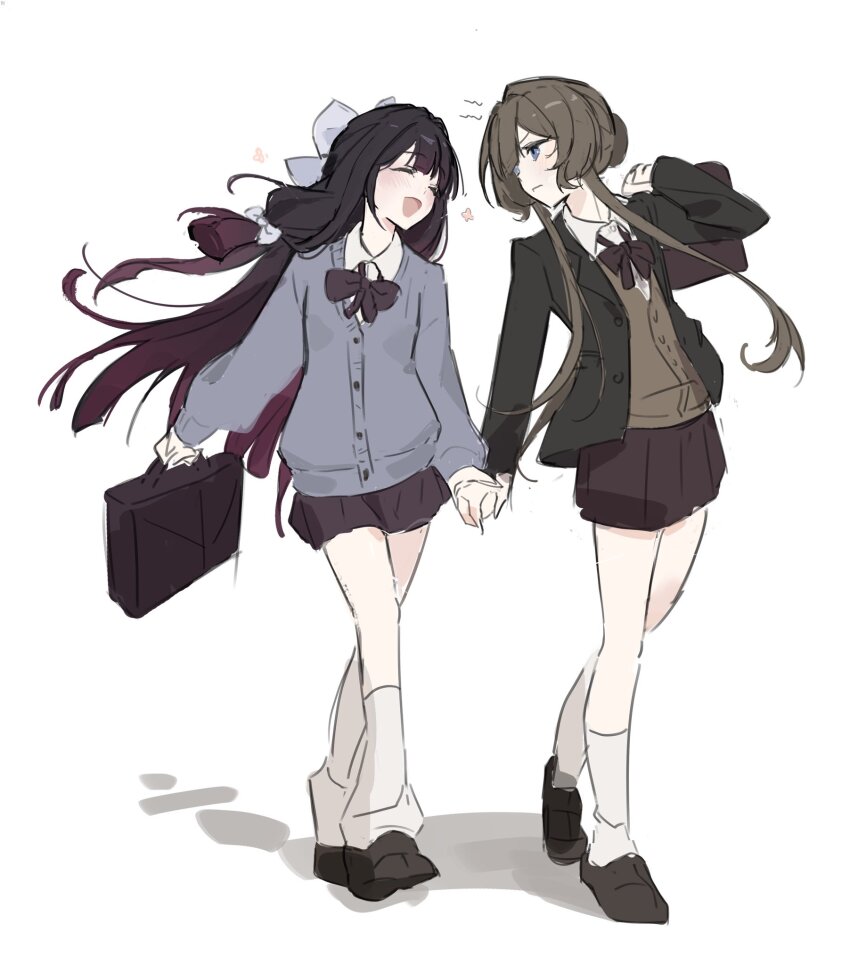 2girls, alternate_costume, alternate_universe, annoyed, black_hair, black_jacket, black_shoes, blazer