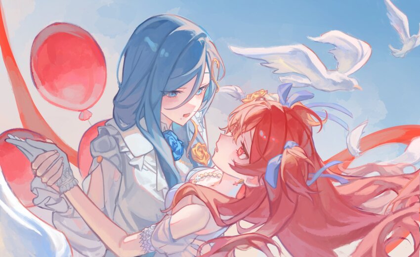 2girls, balloon, bird, blue_eyes, blue_hair, blue_sky, breasts, cleavage, commentary, day, dress, earrings, falling_feathers, feathers, gloves, hand_on_another's_waist, highres, hinomori_shizuku, jacket, jangkrikz, jewelry, long_hair, looking_at_another, mole, mole_under_mouth, momoi_airi, multiple_girls, necklace, open_mouth, outdoors, pink_eyes, pink_hair, project_sekai, sky, two_side_up, white_bird, white_dress, white_gloves, white_jacket, yuri