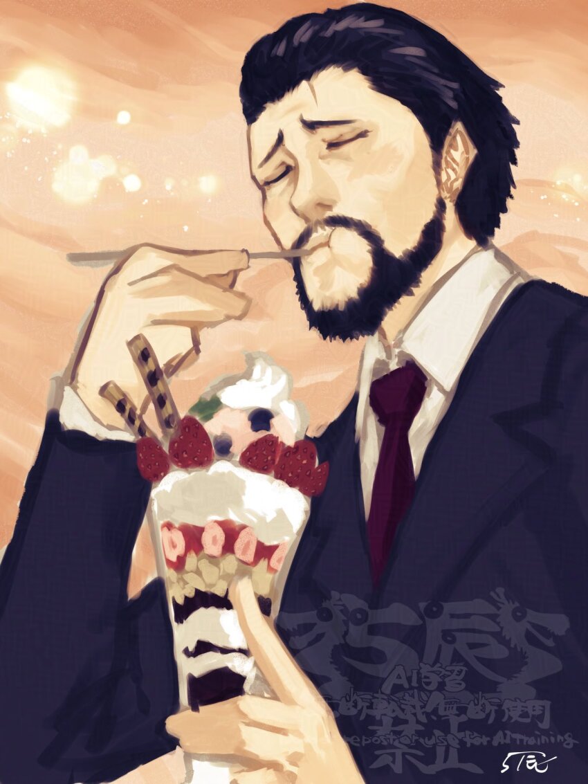 1boy, 5tatsu, artist_name, blue_jacket, closed_eyes, collared_shirt, commentary_request, eating