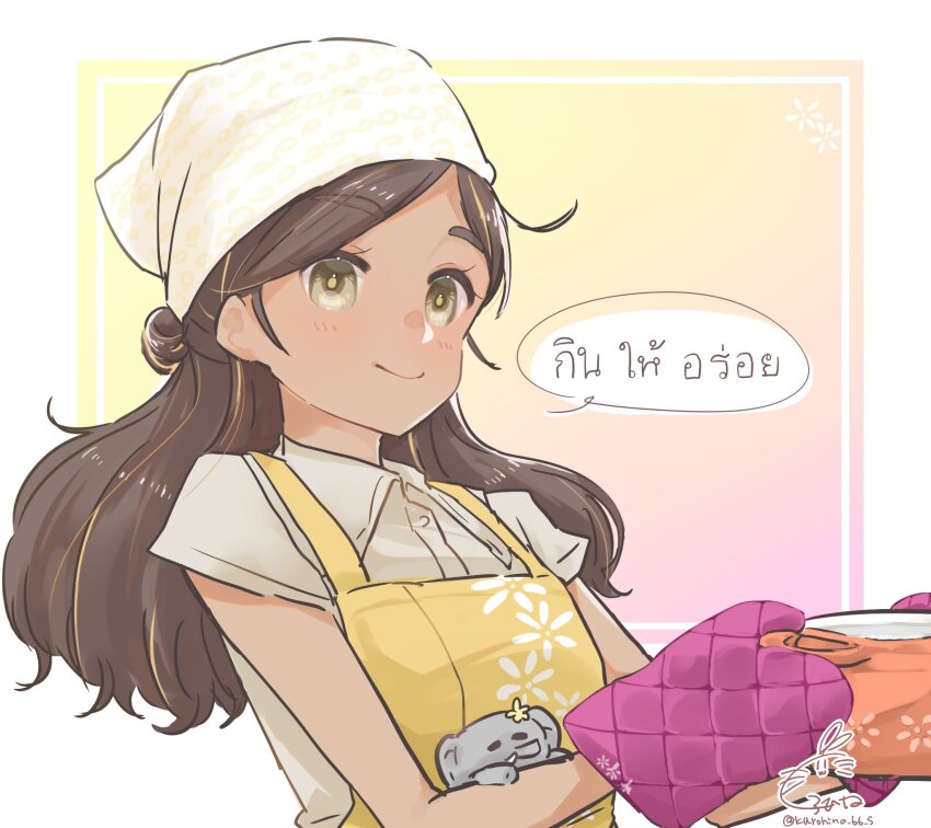 1girl, apron, bandana, blonde_streaks, brown_eyes, brown_hair, brown_shirt, commentary_request