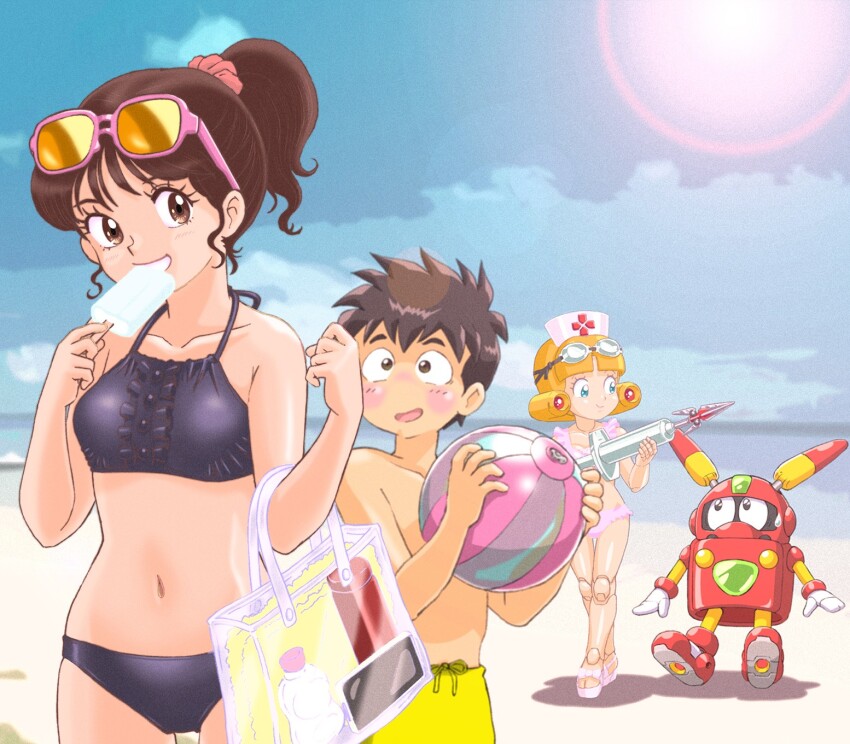 1boy, 2girls, android, bag, ball, bare_arms, beach, beachball, bikini, black_bikini, black_eyes, black_hair, blonde_hair, blue_eyes, blue_sky, blush, brown_eyes, brown_hair, cellphone, closed_mouth, comedic_sweatdrop, commentary_request, day, drawstring, food, frilled_bikini, frills, goggles, goggles_on_head, hair_ornament, hair_scrunchie, hands_up, hat, highres, holding, holding_bag, holding_ball, holding_beachball, holding_food, holding_popsicle, holding_syringe, horizon, humanoid_robot, joints, large_syringe, looking_at_another, looking_at_object, lotion_bottle, male_swimwear, mizutani_kenta, multiple_girls, navel, nurse, nurse_(robopon), nurse_cap, ocean, open_mouth, outdoors, oversized_object, phone, pink-framed_eyewear, pink_bikini, pink_scarf, ponytail, popsicle, robot, robot_joints, robot_ponkottsu, rol_(robopon), scarf, scrunchie, short_hair, sky, smartphone, smile, standing, summer, sun, sunglasses, sunny_(robopon), swim_trunks, swimsuit, syringe, thermos, tinted_eyewear, topless_male, transparent_bag, yellow-tinted_eyewear, yusuke_(robopon)