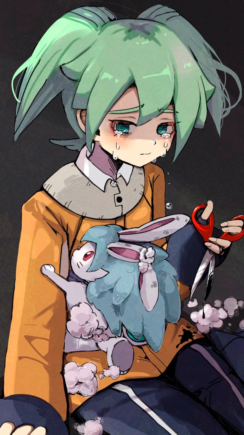 1boy, @_@, black_background, doll, fey_rune, green_eyes, green_hair, inazuma_eleven_go