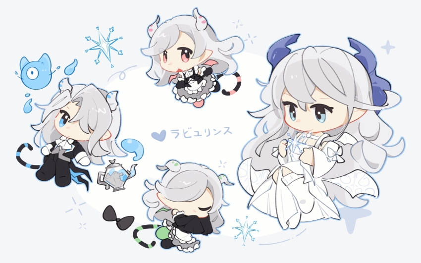 4girls, apron, ariane_the_labrynth_servant, arianna_the_labrynth_servant, arias_the_labrynth_butler, bare_shoulders, blue_eyes, breasts