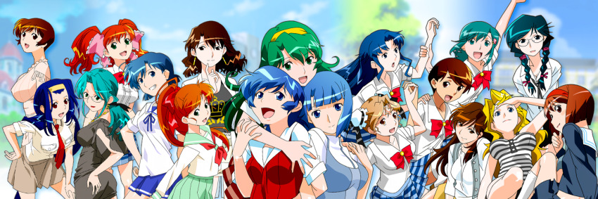 6+girls, aqua_eyes, aqua_hair, arm_up, asahina_natsuki, asahina_yurina, black_dress, blonde_hair