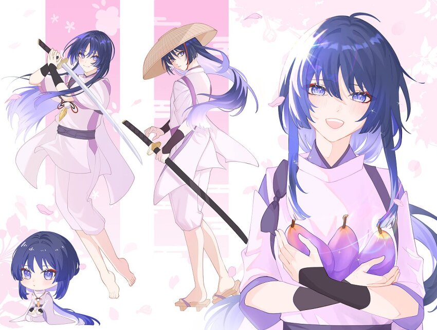 1boy, alternate_hair_length, alternate_hairstyle, armor, barefoot, bishie_sparkle, black_bow, black_sash