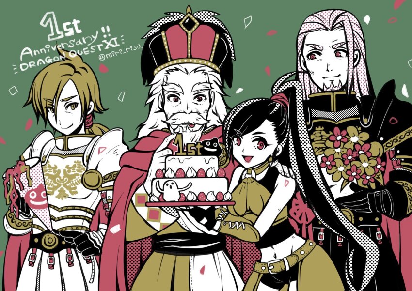 1girl, 3boys, anniversary, armor, beard, birthday_cake, black_armor, black_gloves, black_hair, black_shorts, blonde_hair, bouquet, cake, carnelian_(dq11), closed_mouth, commentary_request, copyright_name, crop_top, dragon_quest, dragon_quest_xi, facial_hair, father_and_child, father_and_daughter, fingerless_gloves, flower, food, gloves, green_background, green_shirt, green_skirt, greig_(dq11), grey_hair, hair_between_eyes, highres, holding, holding_bouquet, homeros_(dq11), long_hair, low_ponytail, martina_(dq11), midriff, miri_(mirik), multiple_boys, navel, o-ring, o-ring_top, open_mouth, parent_and_child, party_popper, pauldrons, ponytail, red_eyes, shirt, short_shorts, shorts, shoulder_armor, showgirl_skirt, skirt, smile, white_armor, white_hair