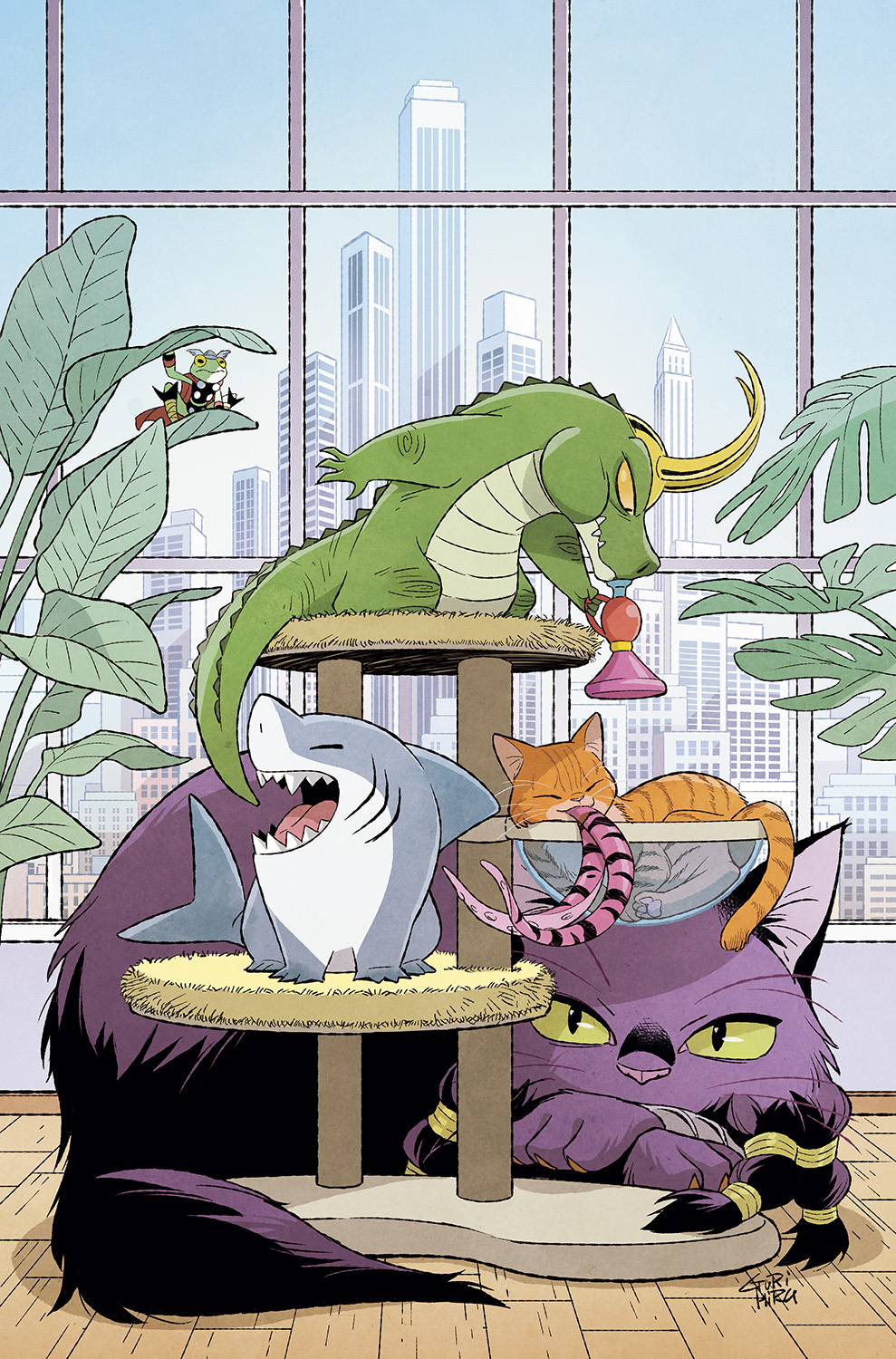 alligator, alligator_loki, animal_focus, avengers_(series), cat, character_request, city, commentary_request