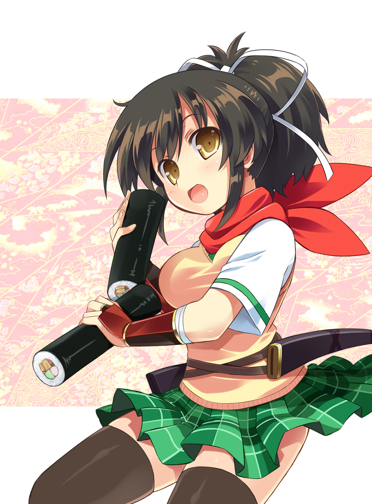 10s, 1girl, asuka_(senran_kagura), bad_id, bad_pixiv_id, black_thighhighs, breasts, brown_eyes