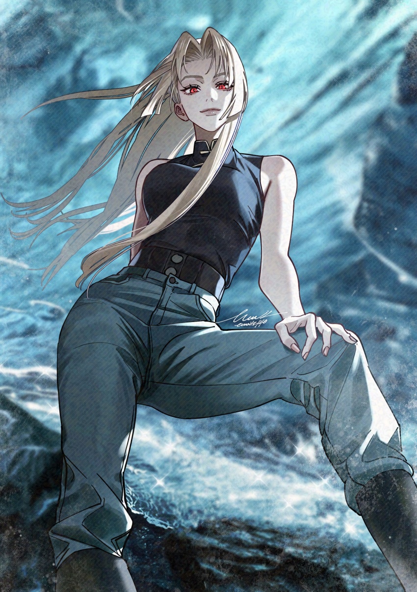 1girl, absurdres, artist_name, bare_shoulders, black_shirt, blonde_hair, blue_pants, breasts, closed_mouth, email2140, floating_hair, highres, jujutsu_kaisen, large_breasts, long_hair, looking_at_viewer, pants, red_eyes, shirt, sleeveless, sleeveless_shirt, smile, solo, tsukumo_yuki_(jujutsu_kaisen)
