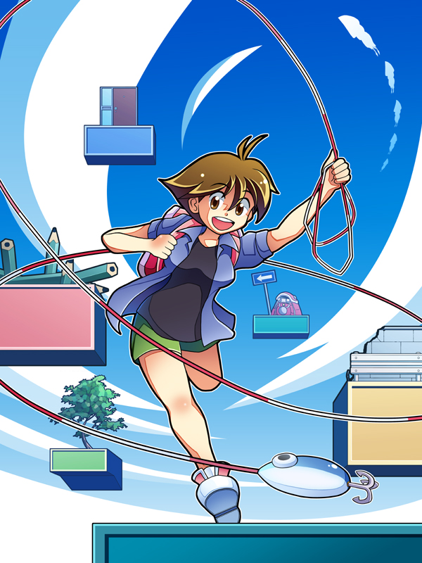 1girl, backpack, bad_id, bad_pixiv_id, bag, brown_eyes, brown_hair, female_focus, fishing, fishing_rod, holding, holding_fishing_rod, kyaperin, lure, pencil, pencils, randoseru, short_hair, solo, umihara_kawase, umihara_kawase_(character)