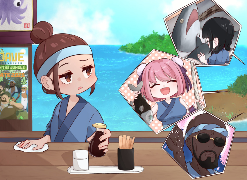 1boy, 3girls, bald, bancho_(dave_the_diver), barreleye_fish, beard, black_hair, braid