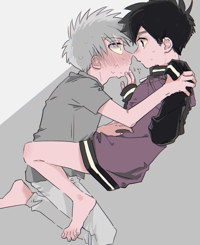 2boys, barefoot, black_hair, blush, bottomless, eye_contact, full_body, grey_background