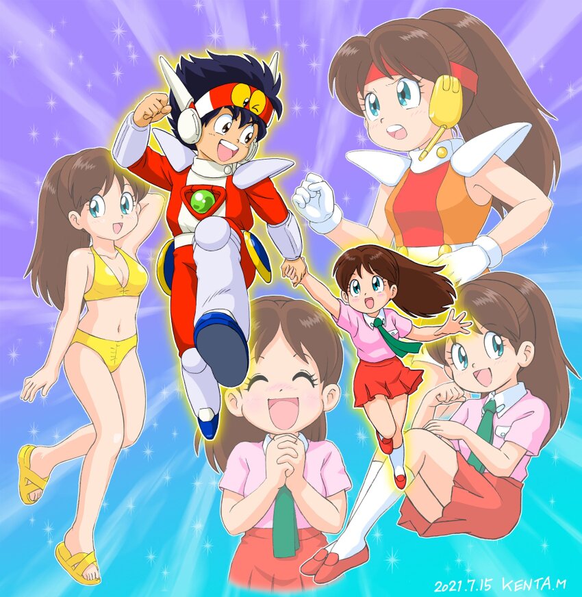 1boy, 1girl, ^_^, agedaman, arm_behind_head, arm_up, artist_name, bare_arms