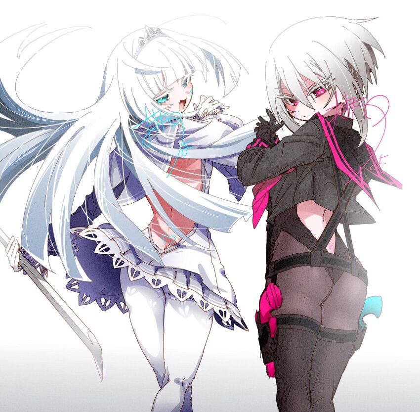 2girls, backless_dress, backless_outfit, belt, black_belt, black_gloves, black_leotard, black_pantyhose