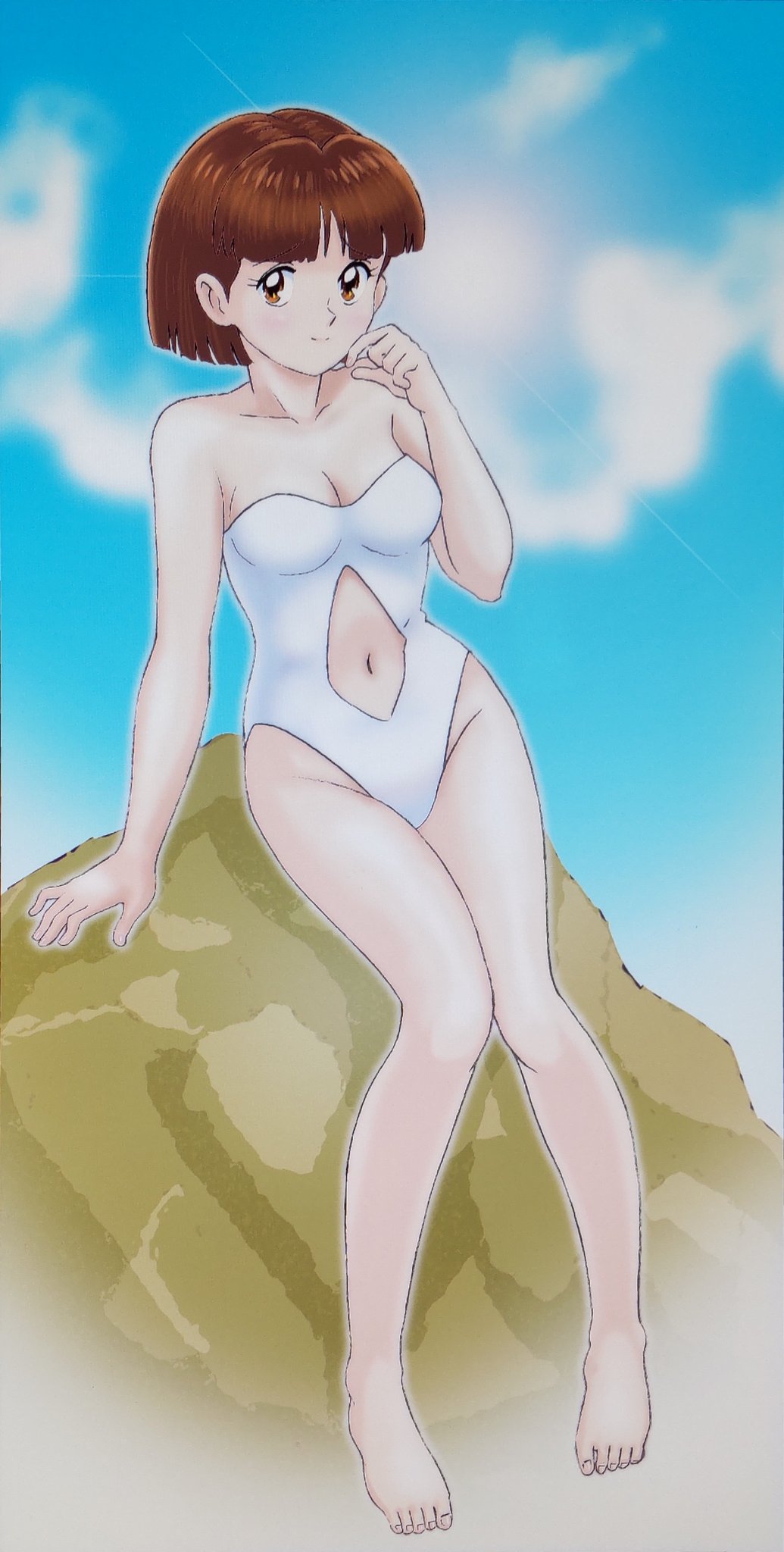 1girl, bare_arms, bare_legs, bare_shoulders, barefoot, blue_sky, breasts, brown_eyes