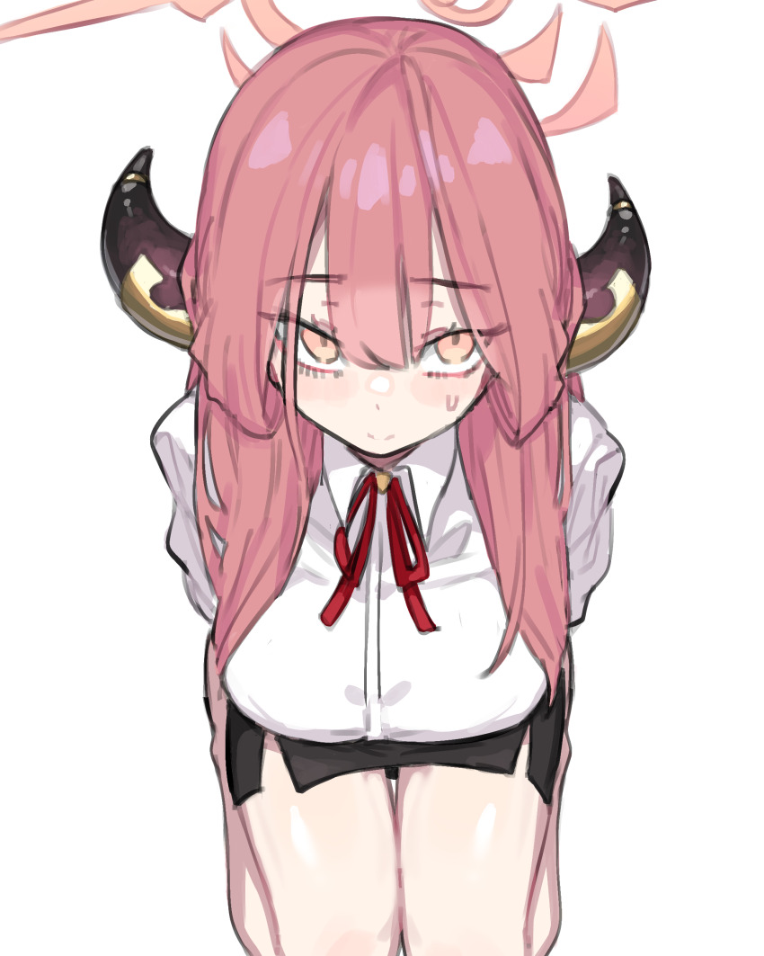 1girl, absurdres, aru_(blue_archive), bare_legs, black_skirt, blue_archive, blush, breasts