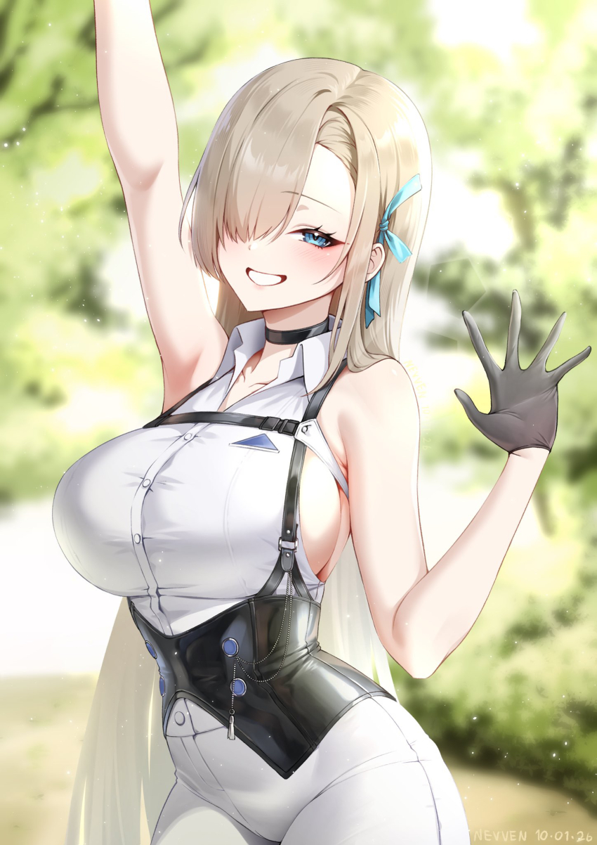 1girl, arm_up, artist_name, asuna_(blue_archive), bare_shoulders, black_choker, black_gloves, blonde_hair, blue_archive, blue_eyes, blue_ribbon, blush, breasts, brid_(nikke), brid_(nikke)_(cosplay), brid_(silent_track)_(nikke), chest_harness, choker, collarbone, collared_shirt, commentary, cosplay, covered_groin, dated, english_commentary, gloves, goddess_of_victory:_nikke, hair_between_eyes, hair_over_one_eye, hair_ribbon, hand_up, harness, highres, large_breasts, lens_flare, light_particles, long_hair, looking_at_viewer, nevven, missing_halo, official_alternate_costume, outdoors, pants, parted_lips, ribbon, shirt, sideboob, sideless_shirt, single_sidelock, sleeveless, sleeveless_shirt, smile, solo, tight_clothes, tight_pants, tree, very_long_hair, white_pants, white_shirt