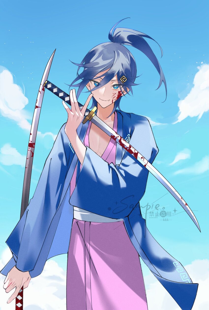 1boy, azhe_kanata, blood, blood_on_face, bloody_weapon, blue_eyes, blue_hair, blue_jacket