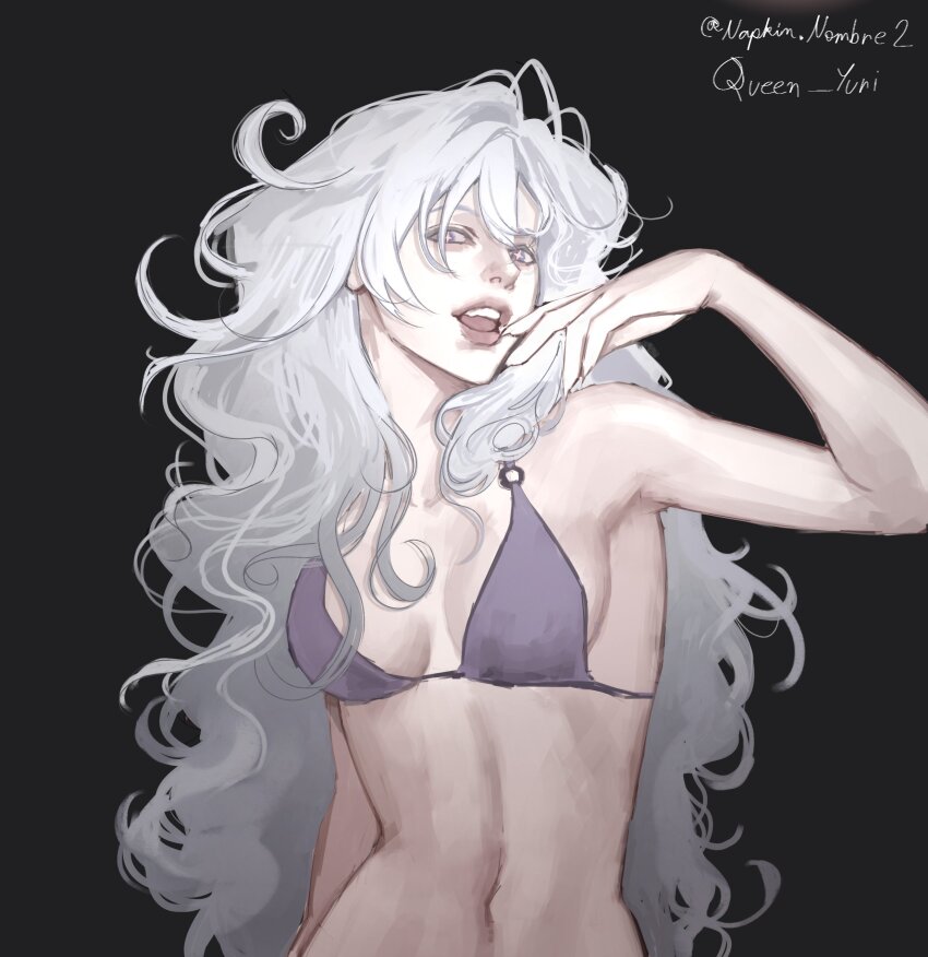 1girl, absurdres, bikini, black_background, black_bikini, blue_eyes, breasts, commentary