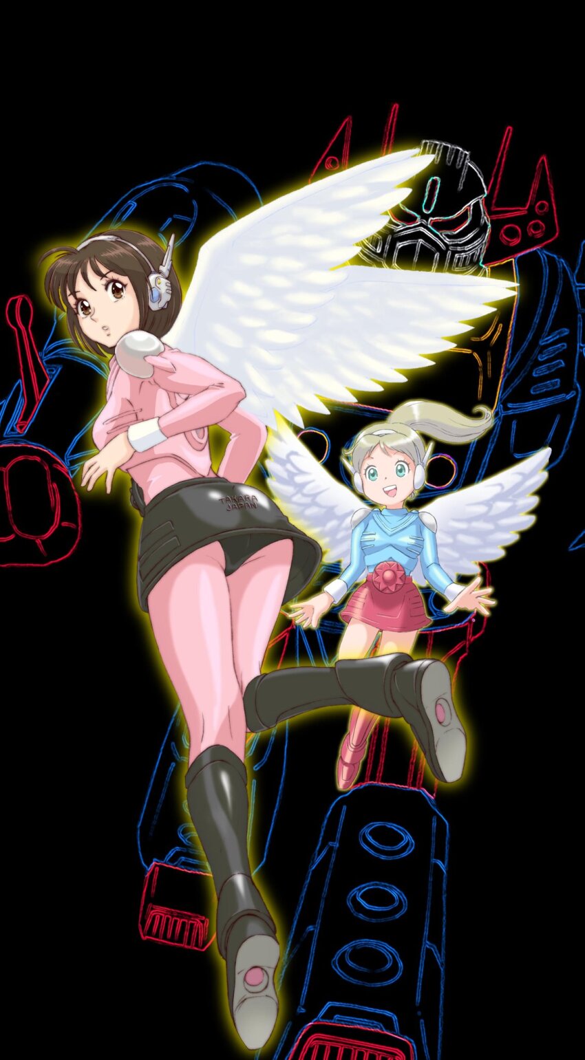 2girls, ai_(microman), alice_(microman), android, angel_wings, ass, black_background, black_boots