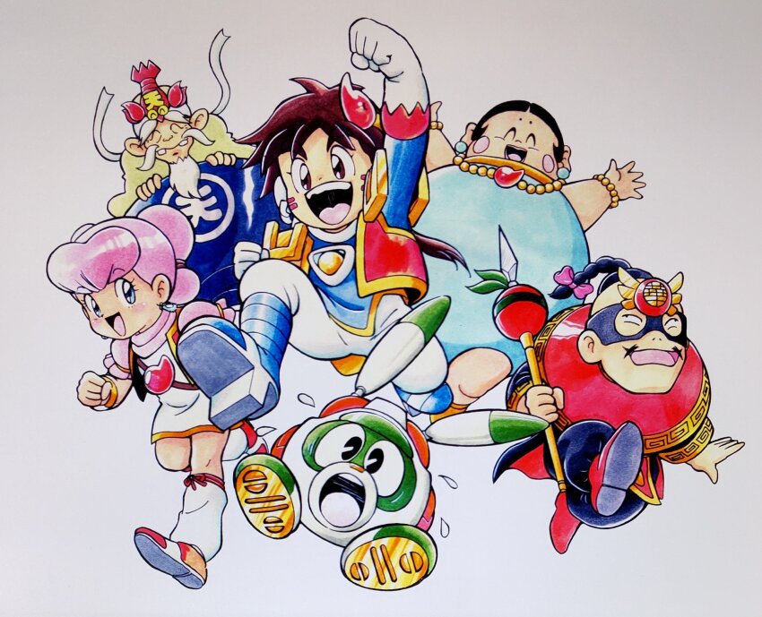 2girls, 3boys, animal_hair_ornament, arm_up, armor, arms_up, beard, black_cape