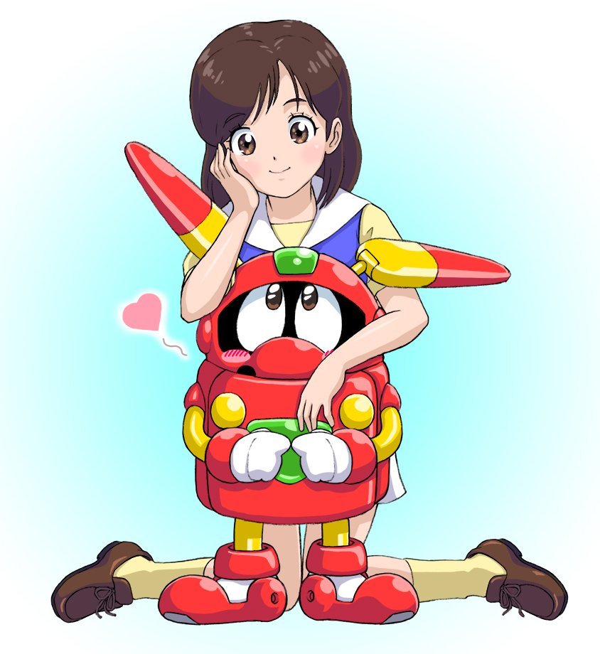 1girl, blue_shirt, brown_eyes, brown_hair, brown_shoes, commentary_request, full_body, hand_on_own_cheek