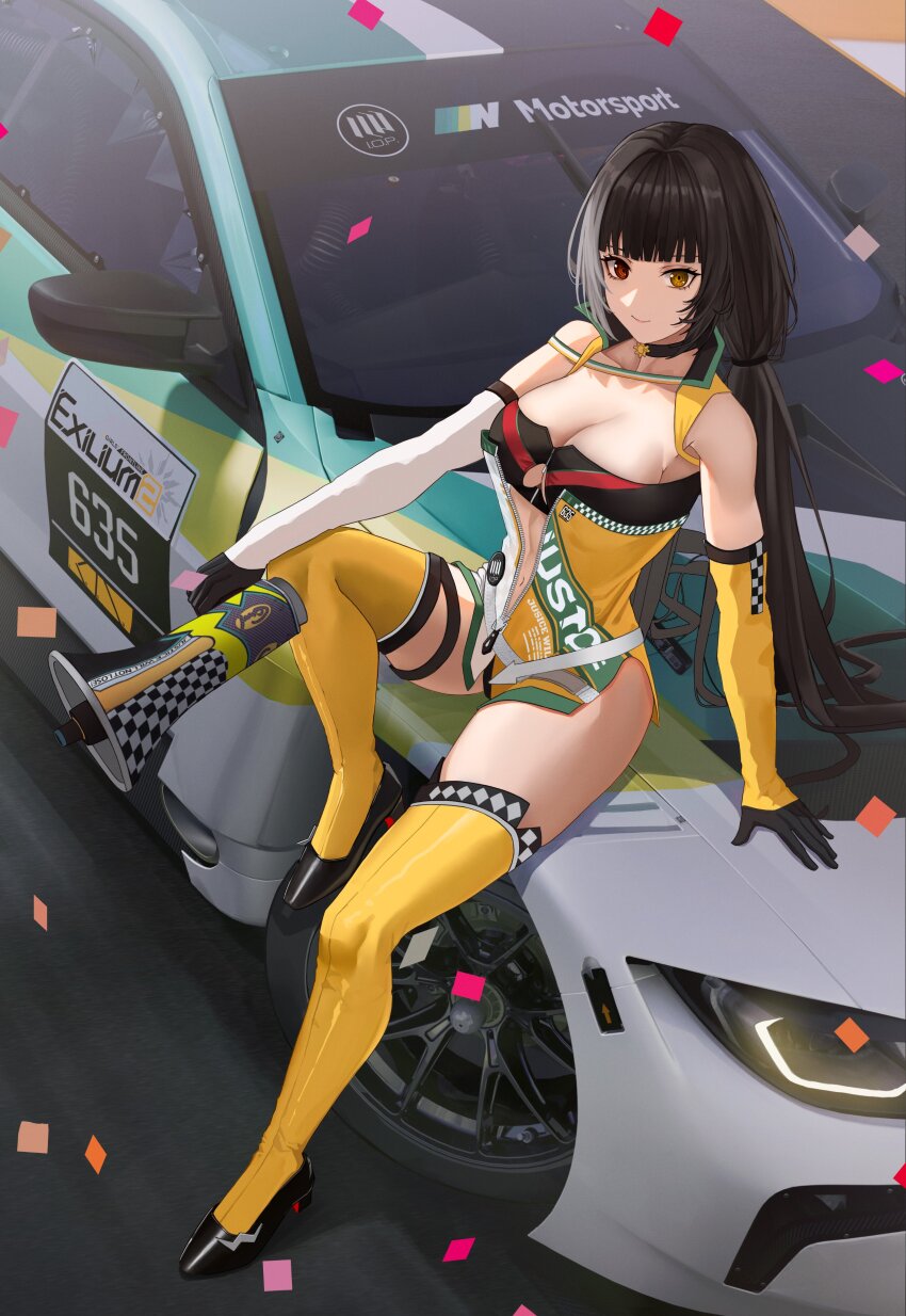 1girl, absurdres, asymmetrical_gloves, bandeau, black_bandeau, black_choker, black_hair, black_shoes