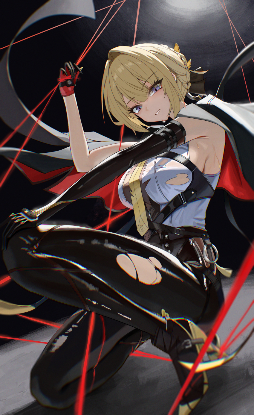 1girl, absurdres, arm_up, asymmetrical_gloves, black_background, black_gloves, blonde_hair, boots