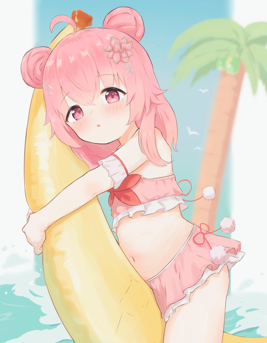 0rg, 1girl, ahoge, belly, bikini, bikini_skirt, blurry, blurry_background