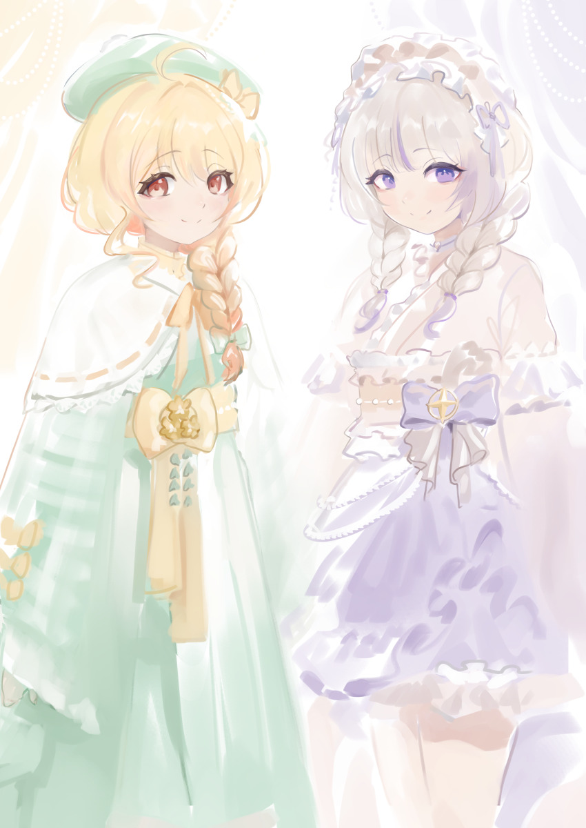 2girls, absurdres, ahoge, beret, blonde_hair, braid, braided_ponytail, capelet