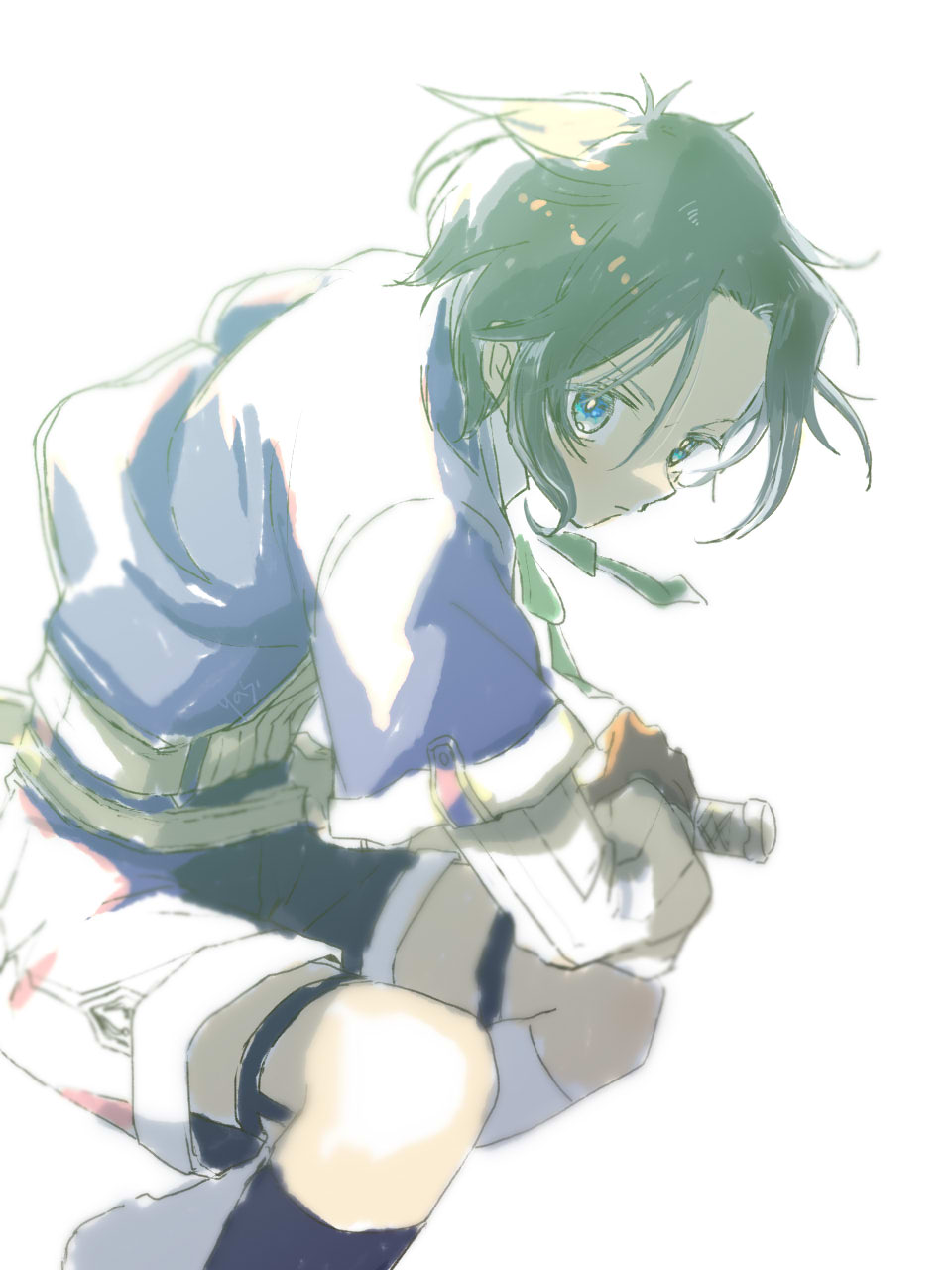 1boy, black_hair, blue_eyes, closed_mouth, commentary, commentary_request, gloves, highres