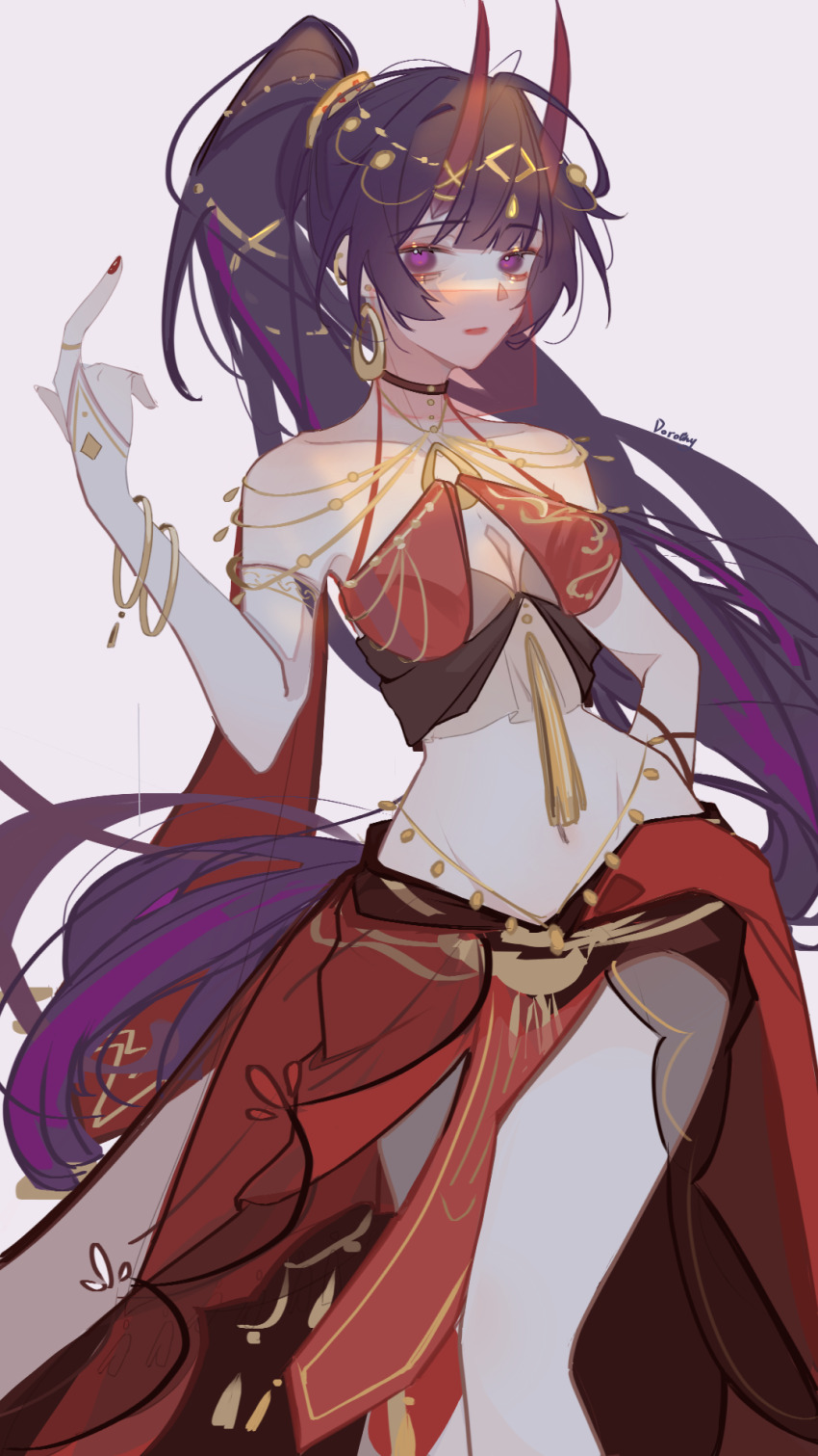 1girl, alternate_costume, arabian_clothes, artist_name, black_choker, blunt_bangs, bra, bracelet