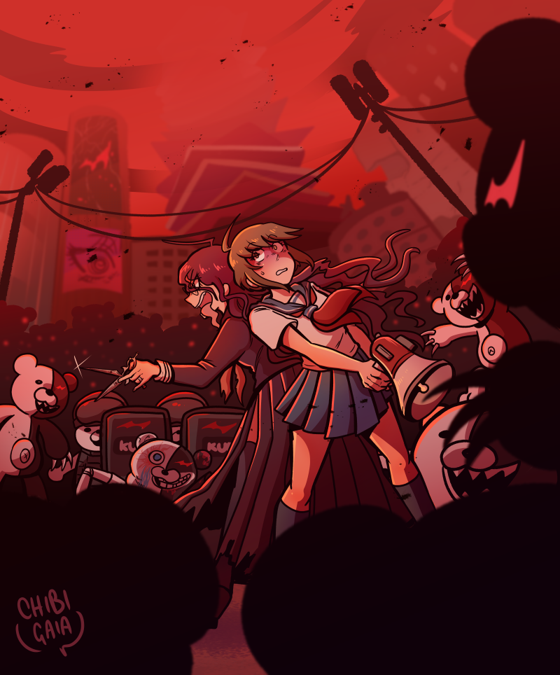 2girls, ahoge, artist_name, back-to-back, ball_monokuma, beast_monokuma, black_socks, black_thighhighs, blue_sailor_collar, blue_skirt, building, chibigaia, city, claws, collared_shirt, commentary, danganronpa_(series), danganronpa_another_episode:_ultra_despair_girls, english_commentary, eyelashes, fukawa_toko, genocider_sho, glasses, glint, green_hair, grin, guard_monokuma, holding, holding_megaphone, holding_scissors, holding_shield, holding_weapon, junk_monokuma, long_hair, long_skirt, long_sleeves, long_tongue, megaphone, messy_hair, monokuma, multiple_girls, naegi_komaru, navel, neckerchief, necktie, open_mouth, outdoors, purple_hair, purple_shirt, purple_skirt, red_neckerchief, red_necktie, red_sky, riot_shield, sailor_collar, school_uniform, scissors, serafuku, sharp_teeth, shield, shirt, short_hair, short_sleeves, skirt, sky, smile, socks, surrounded, sweatdrop, tactical_clothes, teeth, thighhighs, tongue, tongue_out, torn_clothes, torn_neckerchief, torn_skirt, upper_teeth_only, utility_pole, weapon, white_shirt