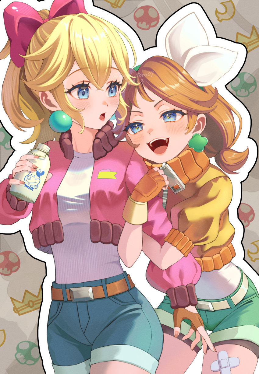 1up, 2girls, absurdres, amanegi_toro, aqua_shorts, bandage_on_leg, bandaid, bandaid_on_leg