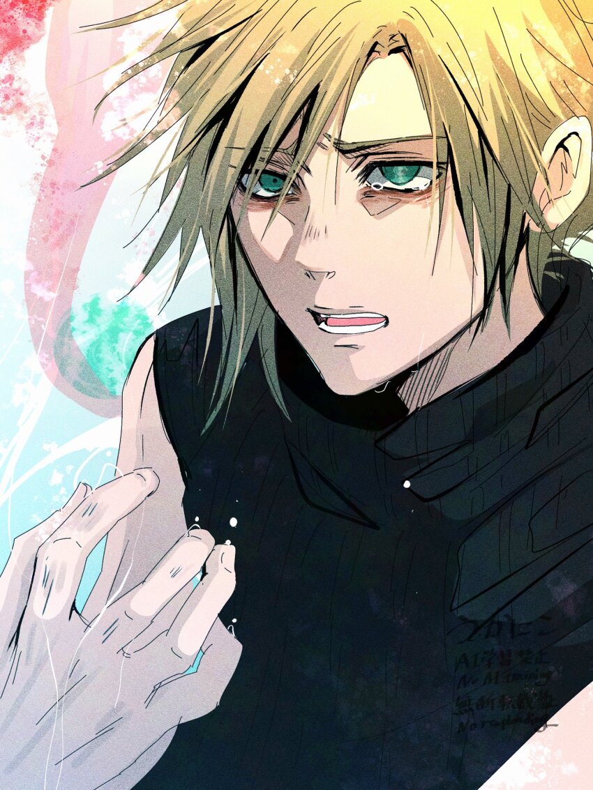 1boy, aerith_gainsborough, aqua_eyes, black_shirt, blonde_hair, clenched_hand, cloud_strife, commentary_request