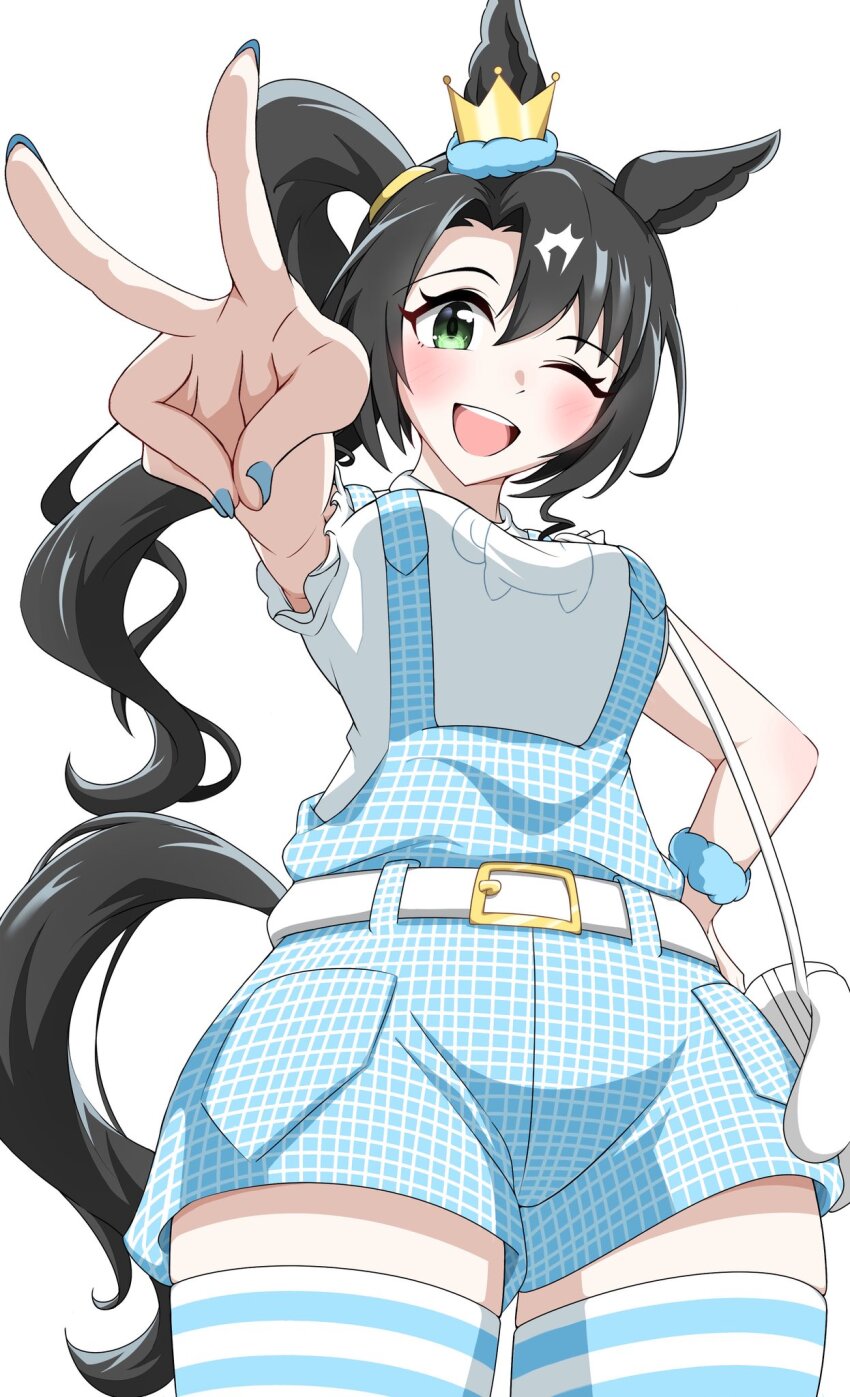 1girl, abyss_kpn_(ki), animal_ears, bag, belt, black_hair, blue_nails, blue_shorts