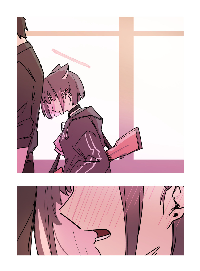 1boy, 1girl, animal_ears, ascot, black_choker, black_hair, black_jacket, black_shirt