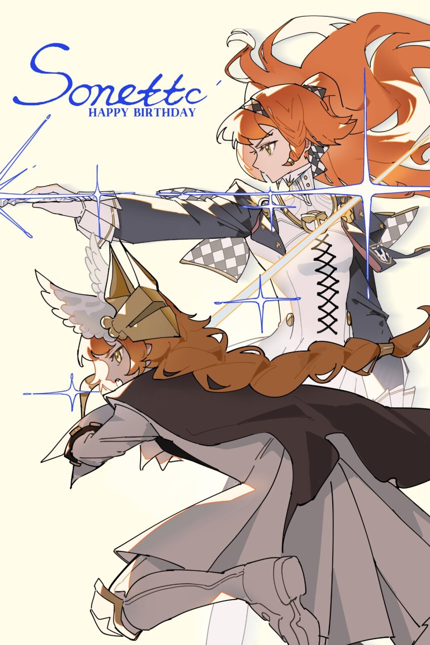 2girls, black_cape, boots, cape, character_name, checkered_hairband, commentary, cowboy_shot