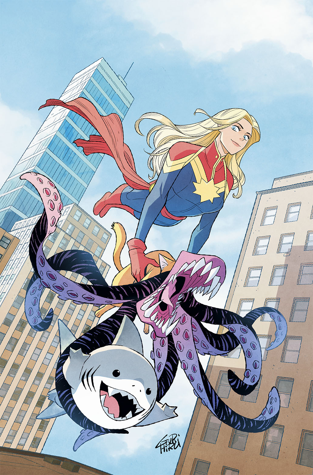 1girl, :d, avengers_(series), blonde_hair, blue_eyes, blue_sky, bodysuit, boots