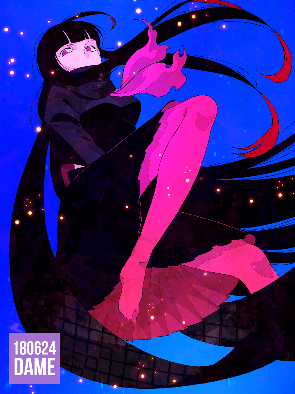 1girl, artist_name, black_hair, black_shirt, black_skirt, blue_background, blunt_bangs, commentary_request