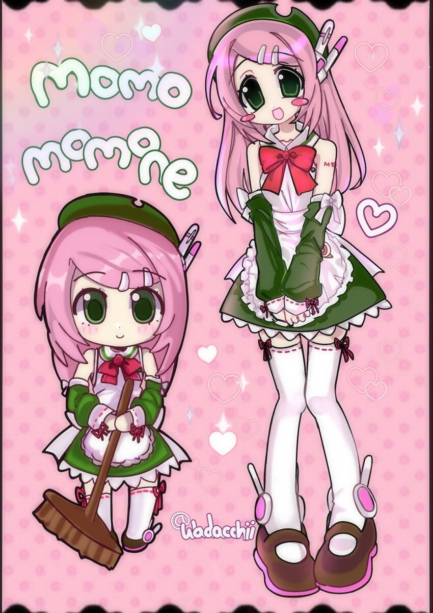 1girl, aguchi, arm_tattoo, bare_shoulders, beret, blush_stickers, broom, brown_shoes