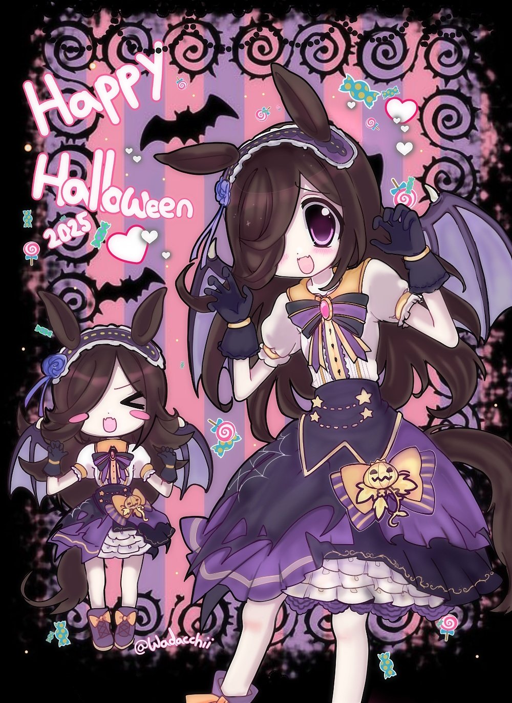 >_<, 1girl, 2025, aguchi, animal_ears, bat_wings, black_border, black_gloves