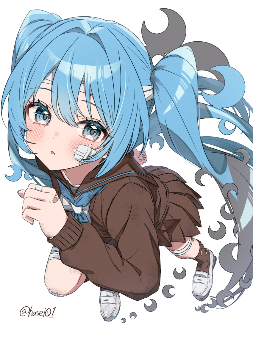 1girl, absurdres, adversarial_noise, bandaged_fingers, bandaged_head, bandaged_leg, bandages, bandaid