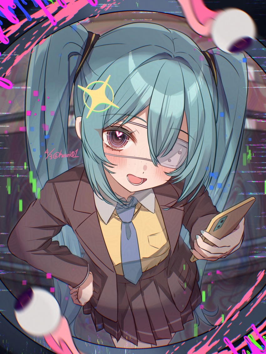 1girl, :d, absurdres, adversarial_noise, aqua_hair, aqua_nails, blue_necktie, blush